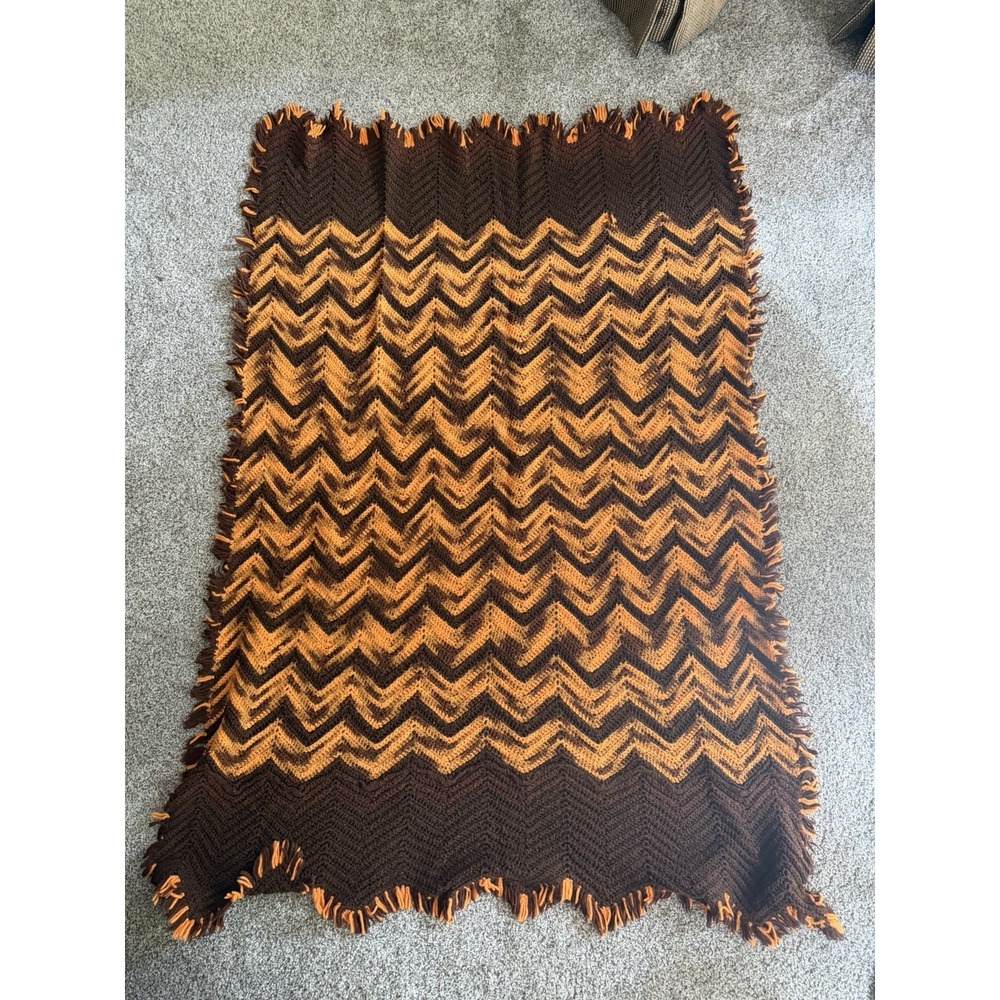 Vintage Crochet Chevron Afghan Blanket Brown Orange Zigzag Fringe 63x43